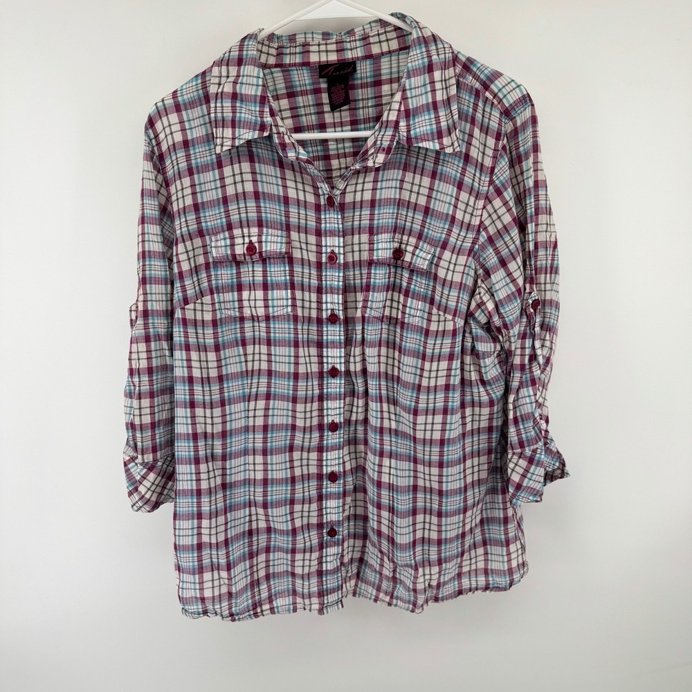 Torrid Womens Plus Size 0 Burgundy Plaid Button Down Shirt Cinched Back Cotton
